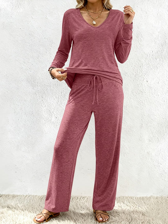 Damen Lounge-Set aus weichem Viskose-Modal-Mix mit V-Ausschnitt, Tunnelzughose und weitem Bein Nord Taschen
