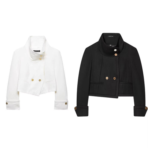 Damen Kurzblazer mit Stehkragen, doppelreihiger Knopfleiste und goldenen Zierknöpfen Nord Taschen