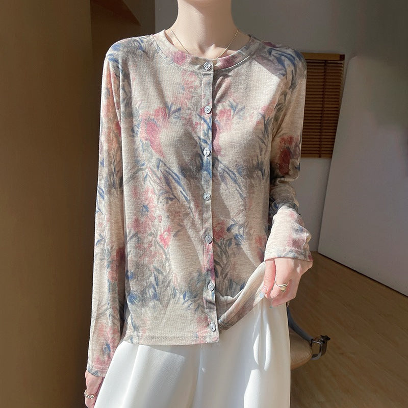 Damen Leichter Aquarell‑Print Feinstrick‑Cardigan mit Rundhalsausschnitt und Knopfleiste Nord Taschen