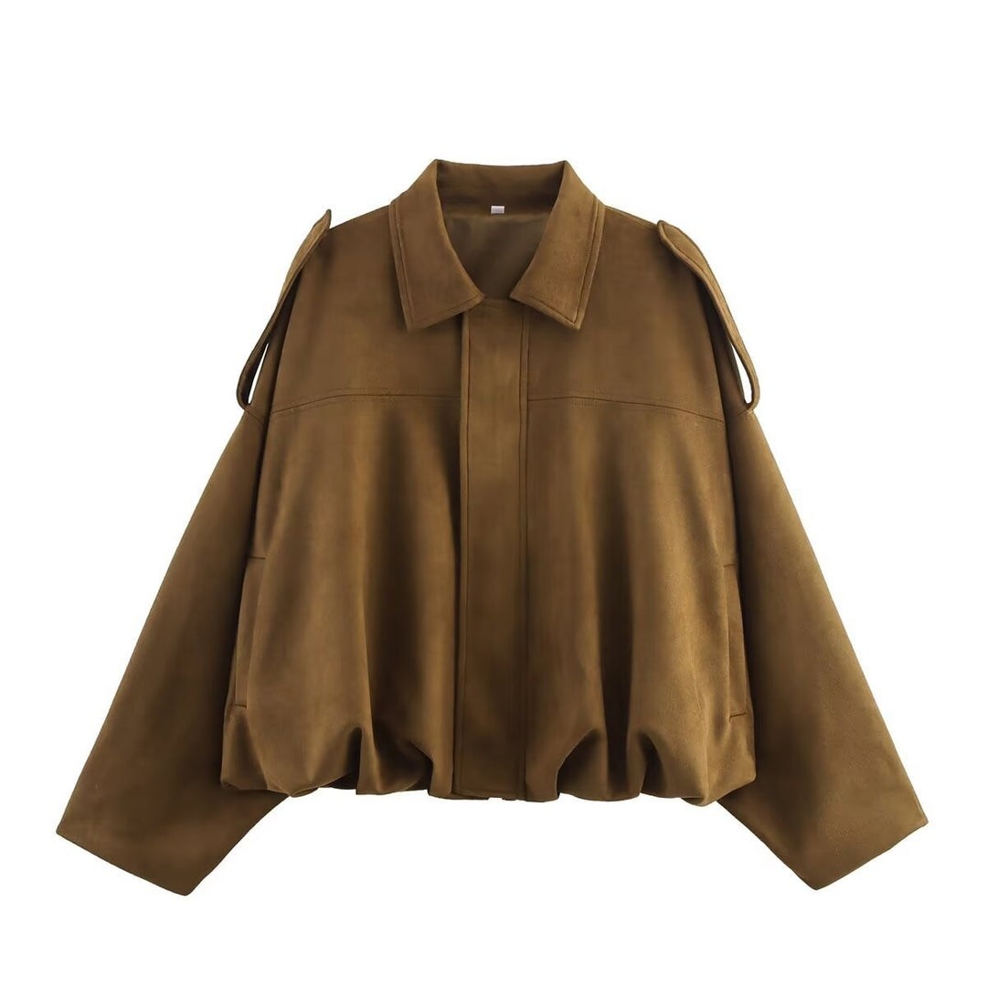 Damen Oversize-Suedejacke mit Schulterklappen, verdeckter Knopfleiste und elastischem Saum Nord Taschen