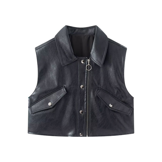 Damen Cropped Utility Weste aus Lederoptik mit Kragen, Ringzipper und aufgesetzten Pattentaschen Nord Taschen