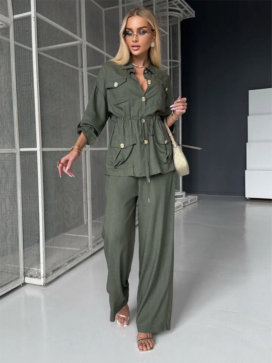 Damen Leinenoptik Utility-Hemdjacke mit Tunnelzugtaillierung und goldenen Zierknöpfen Nord Taschen