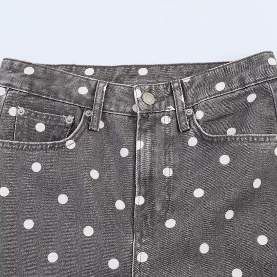 Damen Weite High-Waist-Jeans mit ganzflächigem Punktenmuster und geradem Bein Nord Taschen