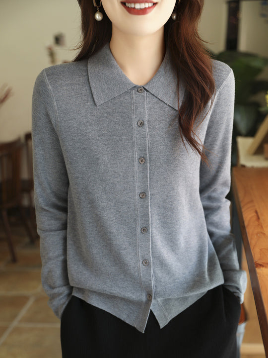 Damen Leichter Feinstrick-Cardigan mit Polokragen und durchgehender Knopfleiste Nord Taschen