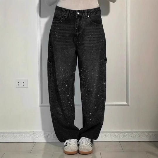 Damen High-Waist Jeans im weiten Cargo-Schnitt mit funkelndem Strassbesatz Nord Taschen