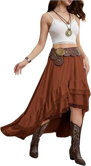Damen Boho Maxi-Rock mit asymmetrischem Saum und Spitzenverzierungen