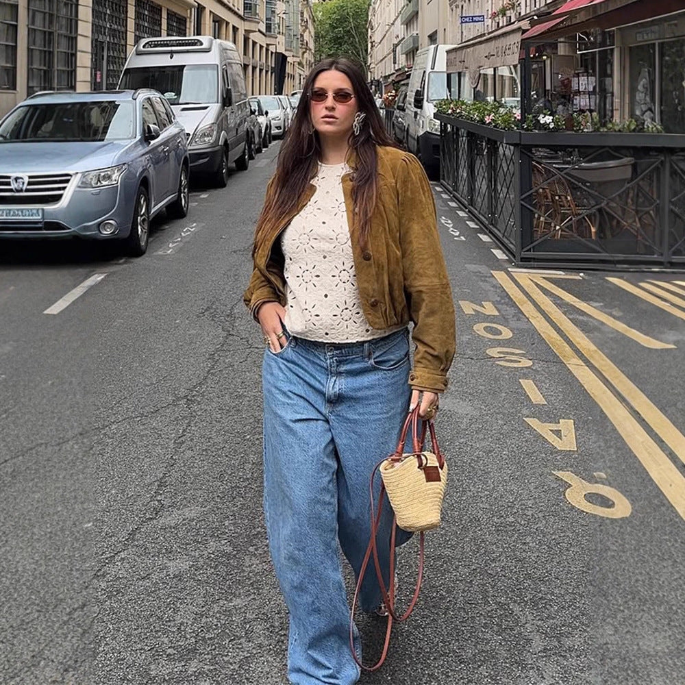 Damen Kurze Velourslederjacke mit Faltenlegung, Puffärmeln & Knopfleiste Nord Taschen