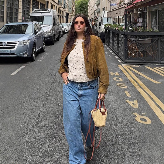 Damen Kurze Velourslederjacke mit Faltenlegung, Puffärmeln & Knopfleiste Nord Taschen