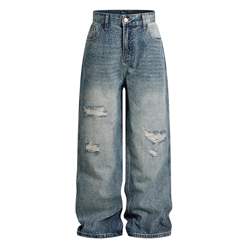 Damen Weite High‑Waist Denim-Palazzo-Jeans mit Destroyed-Details und Strassbesatz Nord Taschen