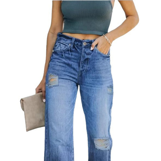 Damen hochtaillierte Relaxed‑Straight Denim‑Jeans mit weitem Bein und dezenten Destroy‑Details Nord Taschen