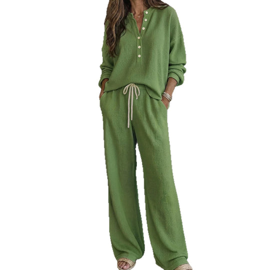 Damen Waffelstrick-Loungewear-Set mit Henley-Oberteil und weiter Kordelbundhose Nord Taschen