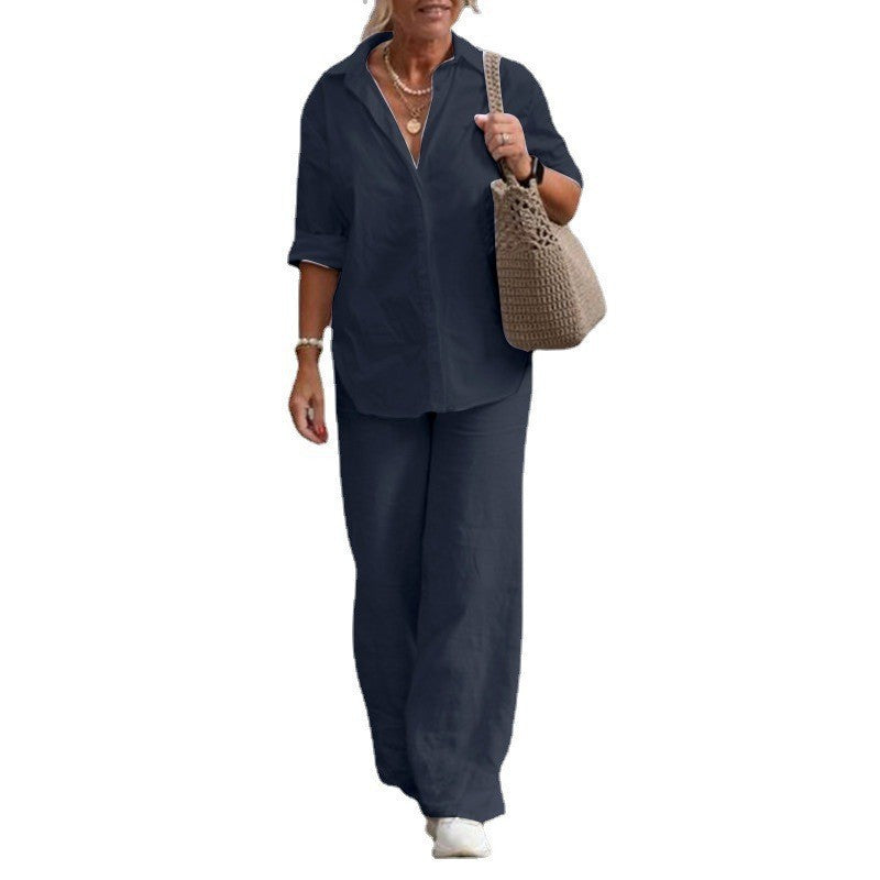 Damen Leichtes Leinen-Loungewear-Set mit offenem Hemdkragen und weiter Palazzohose Nord Taschen