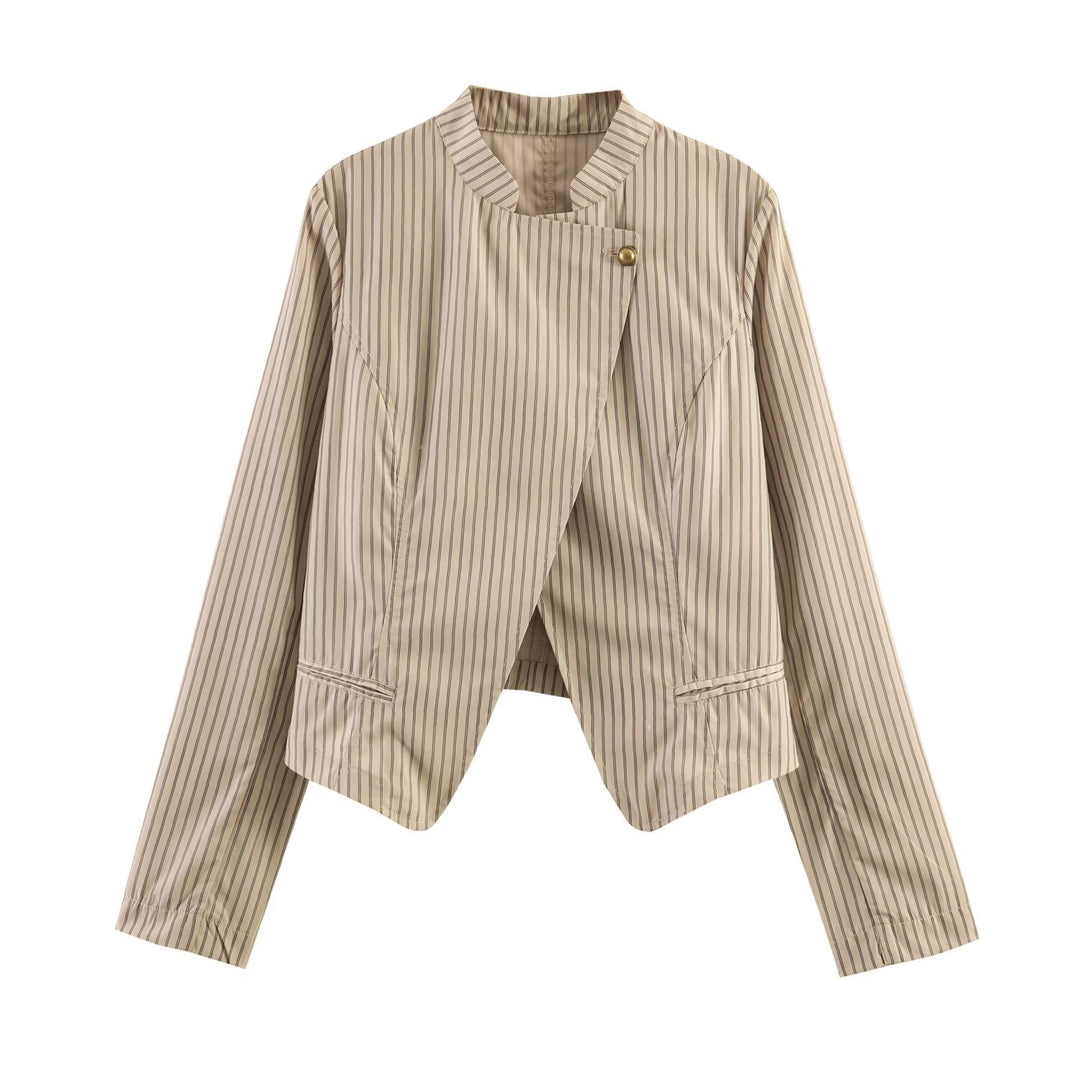 Damen Asymmetrische Taillierte Blazerjacke mit Stehkragen und Zierknopf Nord Taschen