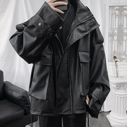 Herren Weitgeschnittene Kunstlederjacke mit Kapuze, Utility-Taschen und verstellbaren Manschetten Nord Taschen