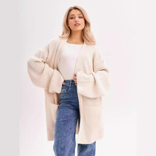 Damen kuscheliger langer Strickcardigan mit weiten Ärmeln und praktischen Taschen Nord Taschen