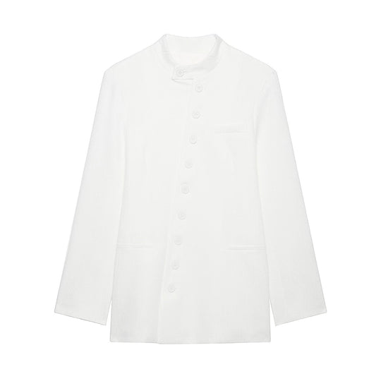 Damen Mandarin-Kragen Longblazer mit durchgehender Knopfleiste und aufgesetzten Taschen Nord Taschen