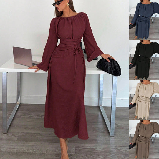 Damen Maxikleid mit geraffter Taillen-Schnürung und Glockenärmeln Nord Taschen