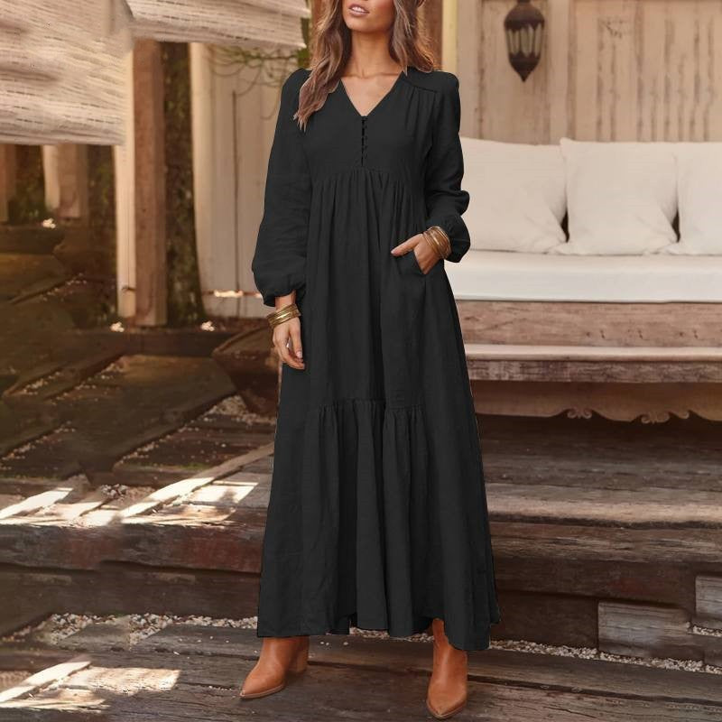 Damen Langes Stufenkleid aus Leinenmix mit V-Ausschnitt und Eingrifftaschen Nord Taschen
