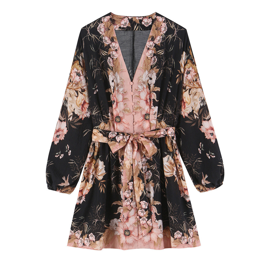 Damen Kurzkleid im Kimono-Stil mit Taillengürtel und V-Ausschnitt Nord Taschen