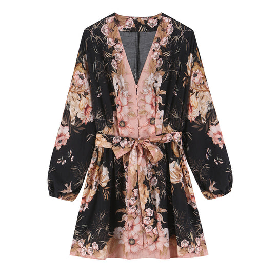 Damen Kurzkleid im Kimono-Stil mit Taillengürtel und V-Ausschnitt Nord Taschen