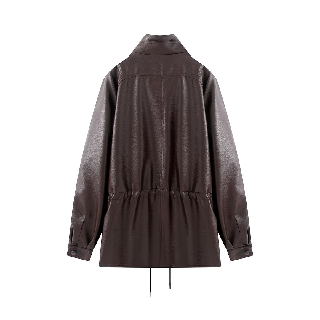 Damen Doppelreihige Kunstlederjacke mit Stehkragen, weitem Revers und Tunnelzug Nord Taschen