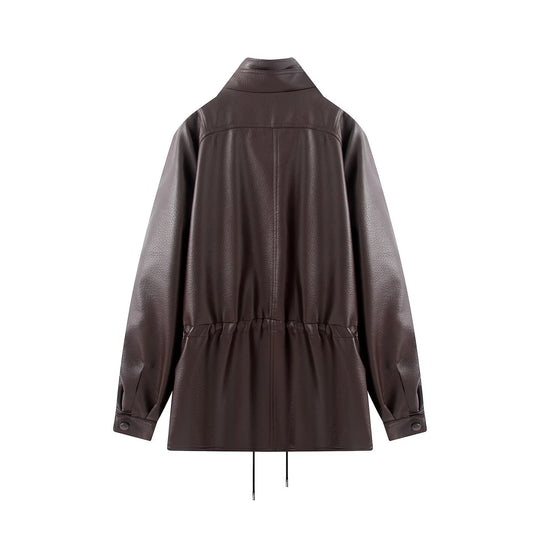 Damen Doppelreihige Kunstlederjacke mit Stehkragen, weitem Revers und Tunnelzug Nord Taschen