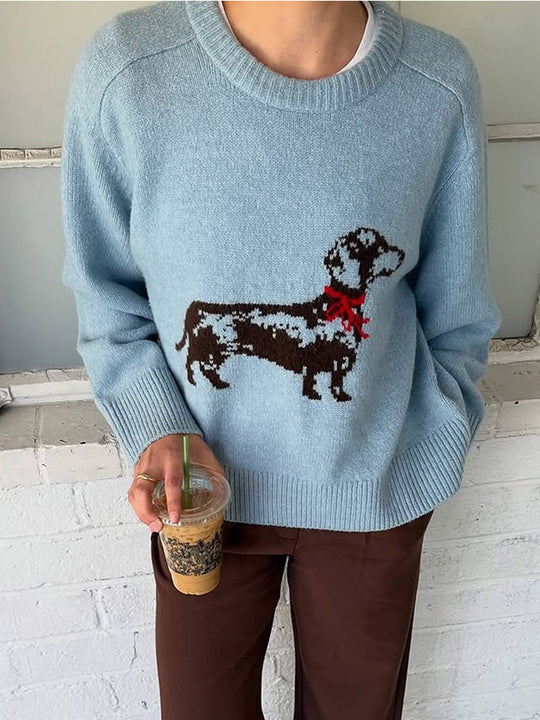 Damen Strickpullover mit Dackel‑Intarsia und entspanntem Oversize‑Schnitt Nord Taschen