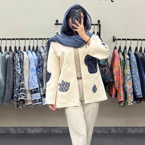 Damen offener Strickblazer mit floraler Stickerei & Applikationen Nord Taschen
