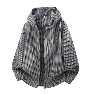 Herren Oversized Karo‑Überhemd mit Kapuze, Tunnelzug & verdeckter Knopfleiste Nord Taschen