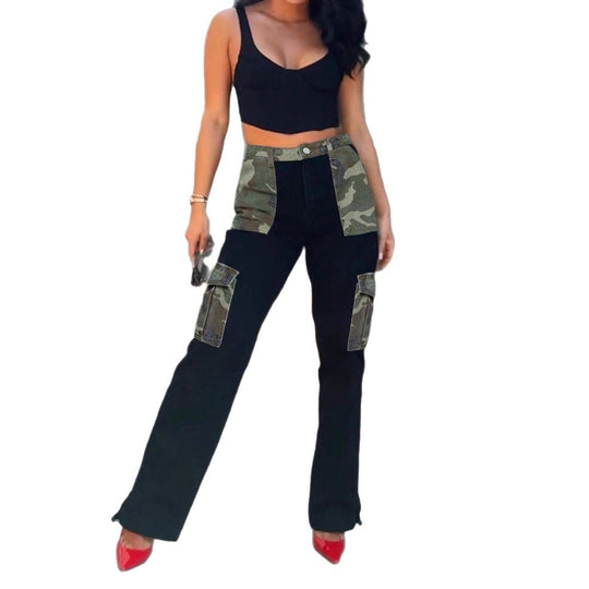 Damen High-Waist Cargo-Jeans mit Camouflage-Einsätzen und weitem Bein Nord Taschen