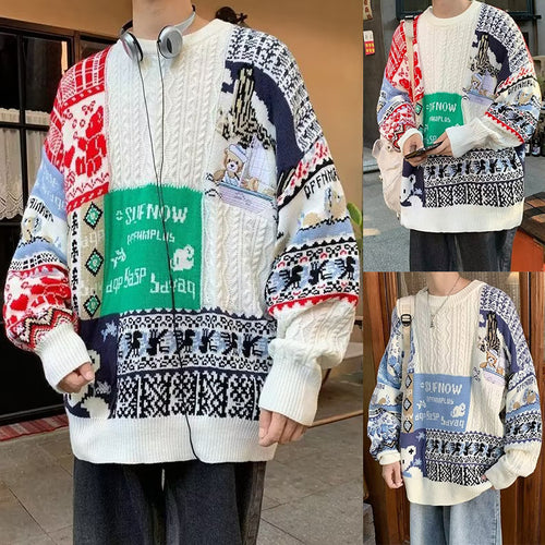 Herren Gemütlicher Grobstrickpullover mit buntem Patchwork Nord Taschen