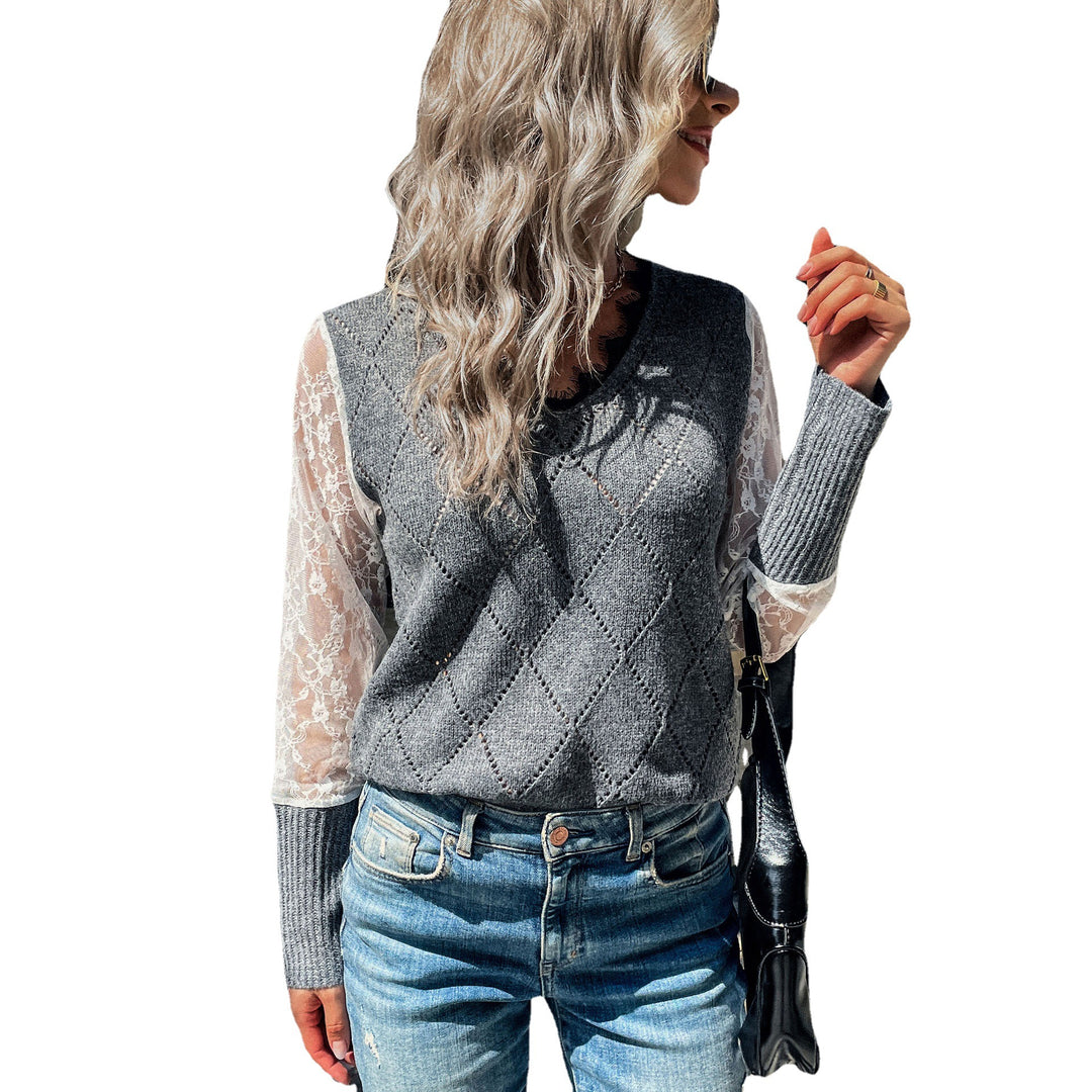 Damen Lässiger Feinstrickpullover mit Ajour‑Rautenmuster, transparenten Spitzenärmeln und gerippten Bündchen Nord Taschen
