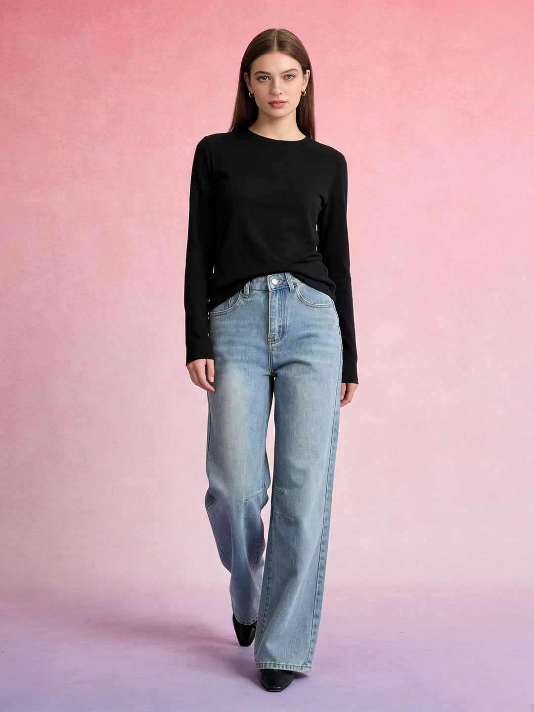 Damen schlichtes langarm-Feinstrickshirt mit Rundhalsausschnitt, leicht taillierter Silhouette und elastischem Tragekomfort Nord Taschen