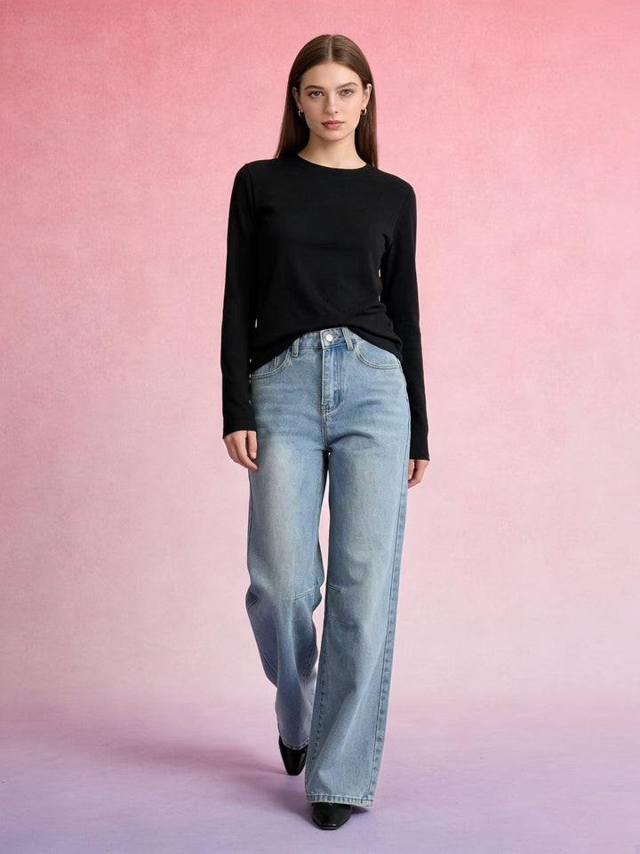 Damen schlichtes langarm-Feinstrickshirt mit Rundhalsausschnitt, leicht taillierter Silhouette und elastischem Tragekomfort Nord Taschen
