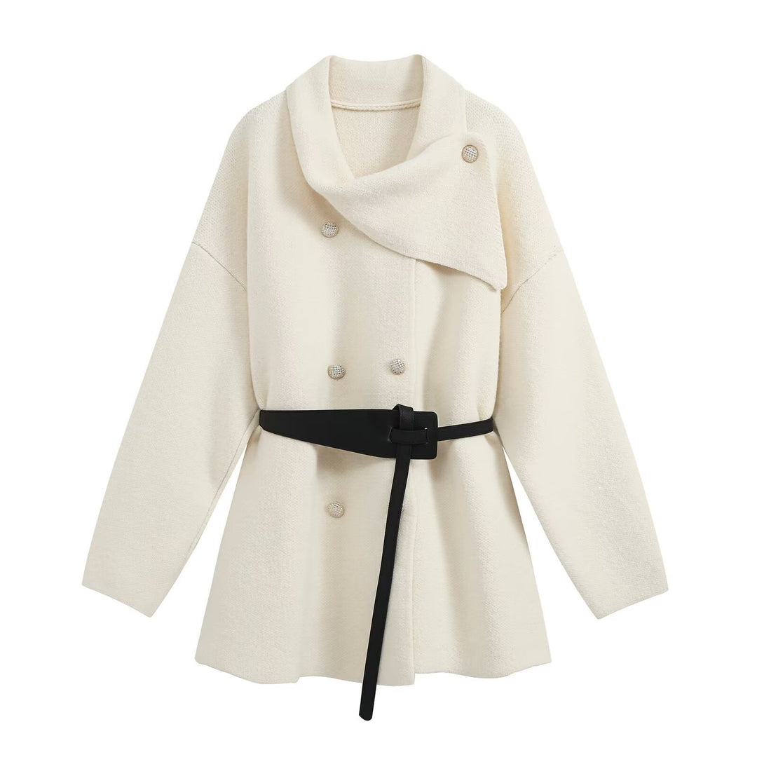 Damen Cropped Bouclé-Mantel mit asymmetrischem Schalkragen und dekorativem Gürtel Nord Taschen