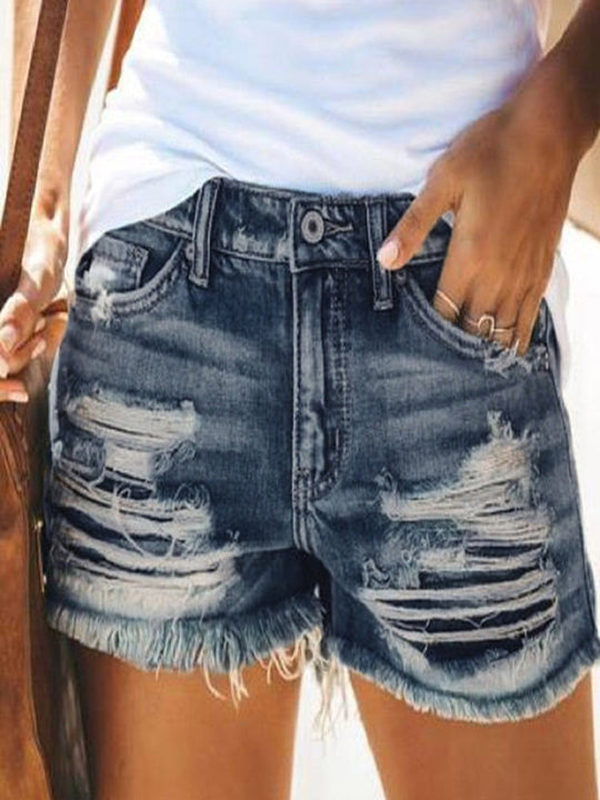 Damen trendige Destroyed Denim-Shorts mit ausgefransten Säumen und modischen Rissdetails