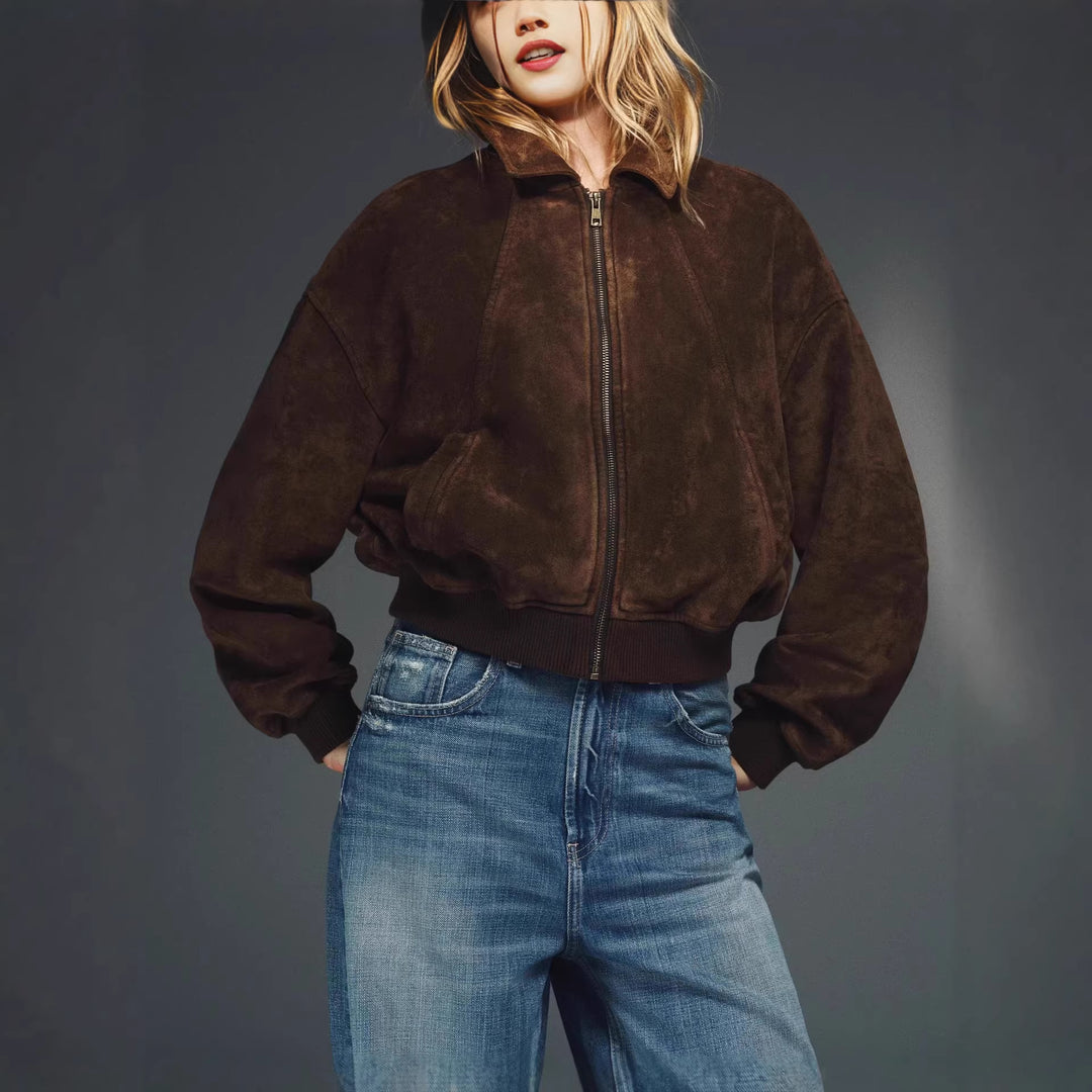 Damen Kurzer Veloursleder-Bomber mit Reißverschluss und Rippbündchen Nord Taschen