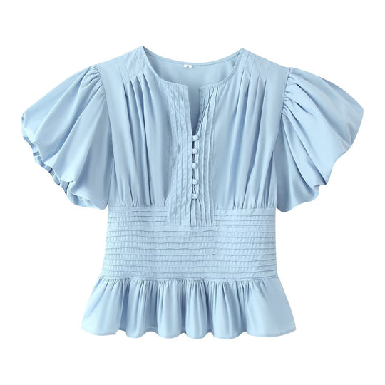 Damen Romantische Bluse mit Puffärmeln, Kellerfalten‑Blende und gesmokter Taille Nord Taschen