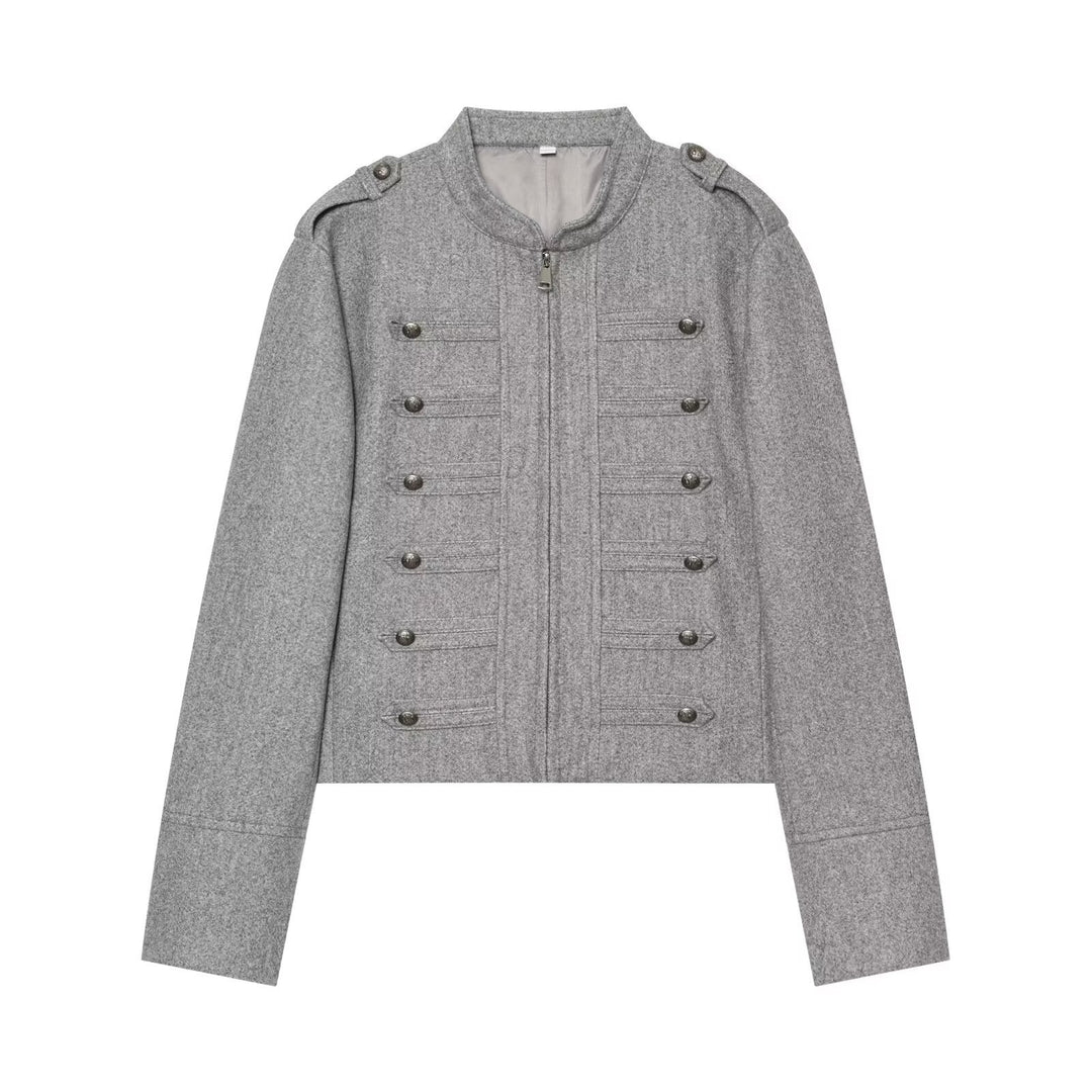 Damen Militärinspirierte Wolljacke mit Stehkragen, dekorativen Zierknopfreihen und Reißverschluss Nord Taschen