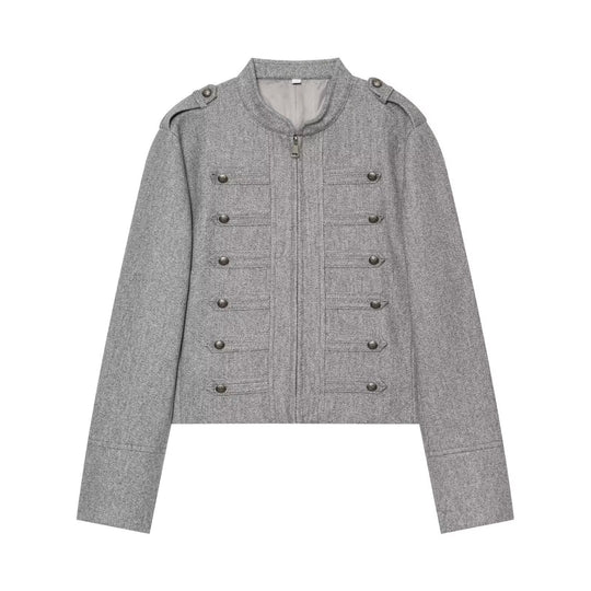 Damen Militärinspirierte Wolljacke mit Stehkragen, dekorativen Zierknopfreihen und Reißverschluss Nord Taschen