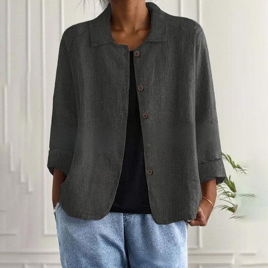 Damen Oversized Leinen-Hemdjacke mit Hemdkragen, 3/4-Ärmeln und durchgehender Knopfleiste Nord Taschen