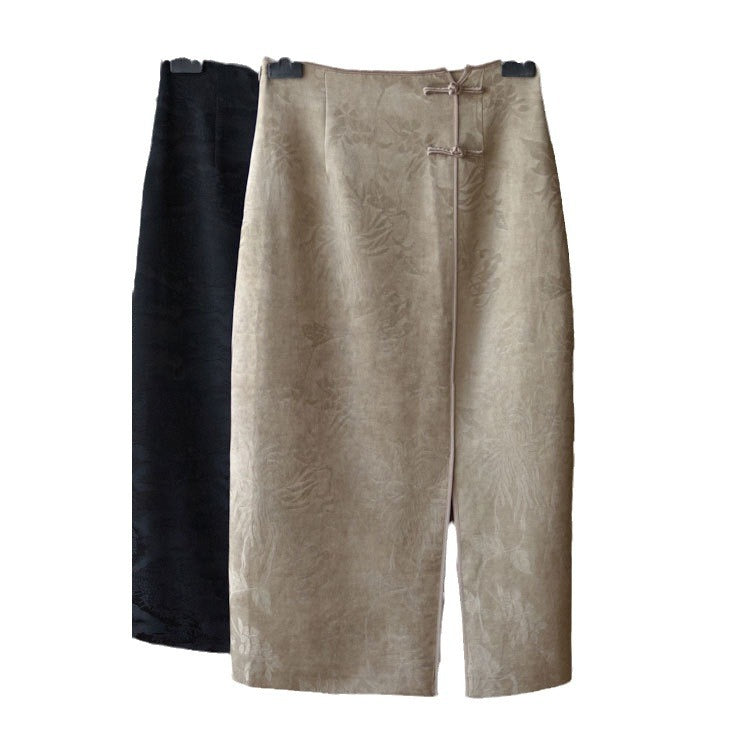 Damen Taillenhoher Midirock mit floralem Jacquard, vorderem Schlitz & Zier-Froschverschluss Nord Taschen