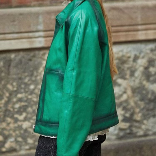 Damen Boxy-Kunstlederjacke mit großem Hemdkragen und durchgehendem Reißverschluss Nord Taschen
