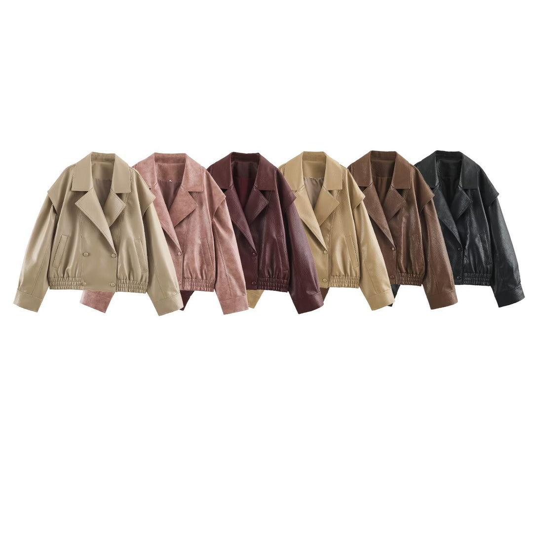 Damen Oversize Kunstlederjacke mit Doppelreihe, weitem Revers und elastischem Saum Nord Taschen