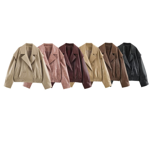 Damen Oversize Kunstlederjacke mit Doppelreihe, weitem Revers und elastischem Saum Nord Taschen