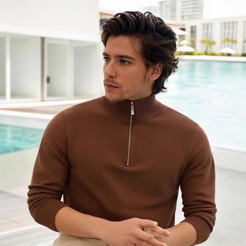 Herren Feinstrick-Halbzip-Pullover mit Stehkragen und Rippbündchen Nord Taschen