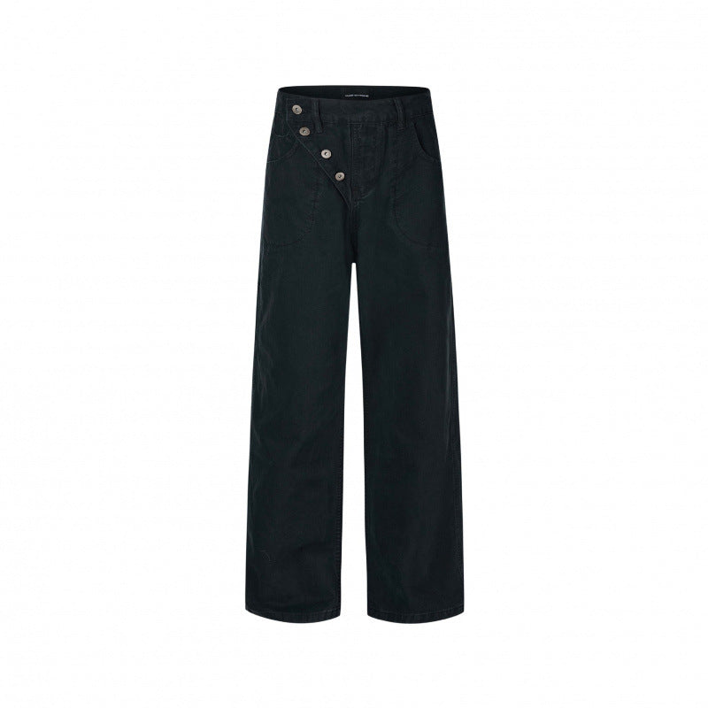 Damen Weite High-Waist-Hose mit asymmetrischer Knopfblende und aufgesetzten Taschen Nord Taschen