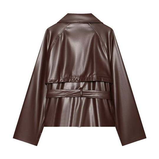 Damen taillierte Kunstlederjacke mit Stehkragen, Bindegürtel und doppelreihiger Knopfleiste Nord Taschen