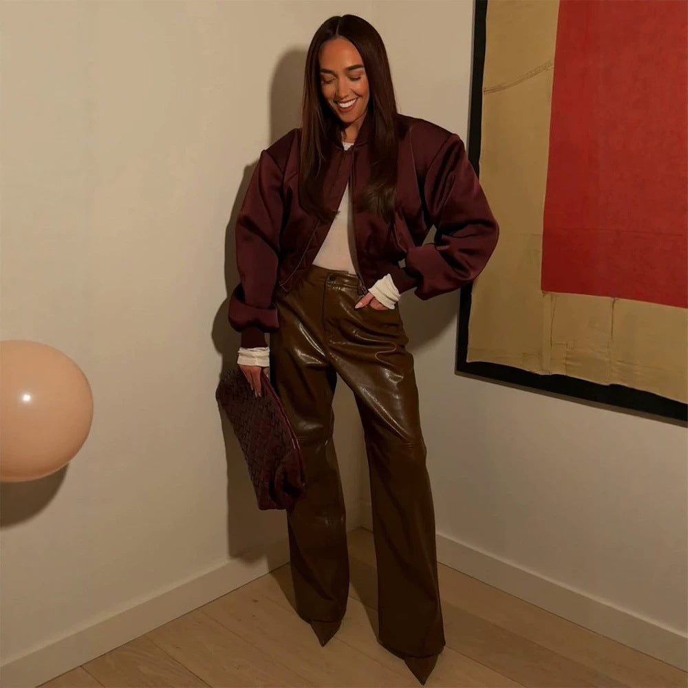 Damen Kurzer Satin‑Bomber mit kastiger Silhouette, Pattentaschen und elastischem Bündchen Nord Taschen