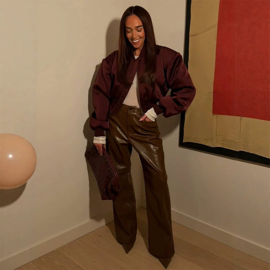 Damen Kurzer Satin‑Bomber mit kastiger Silhouette, Pattentaschen und elastischem Bündchen Nord Taschen
